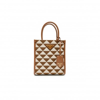 PRADA TOBACCO & CHALK WHITE SYMBOLE EMBROIDERED FABRIC MINI BAG 1BA355 (19*17*6cm) 